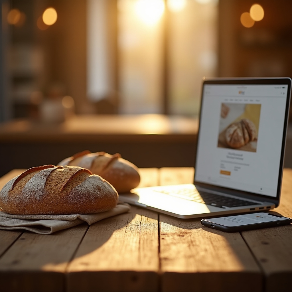 Świeże wypieki fotografowane w naturalnym świetle z laptopem w tle — przygotowanie do sprzedaży online